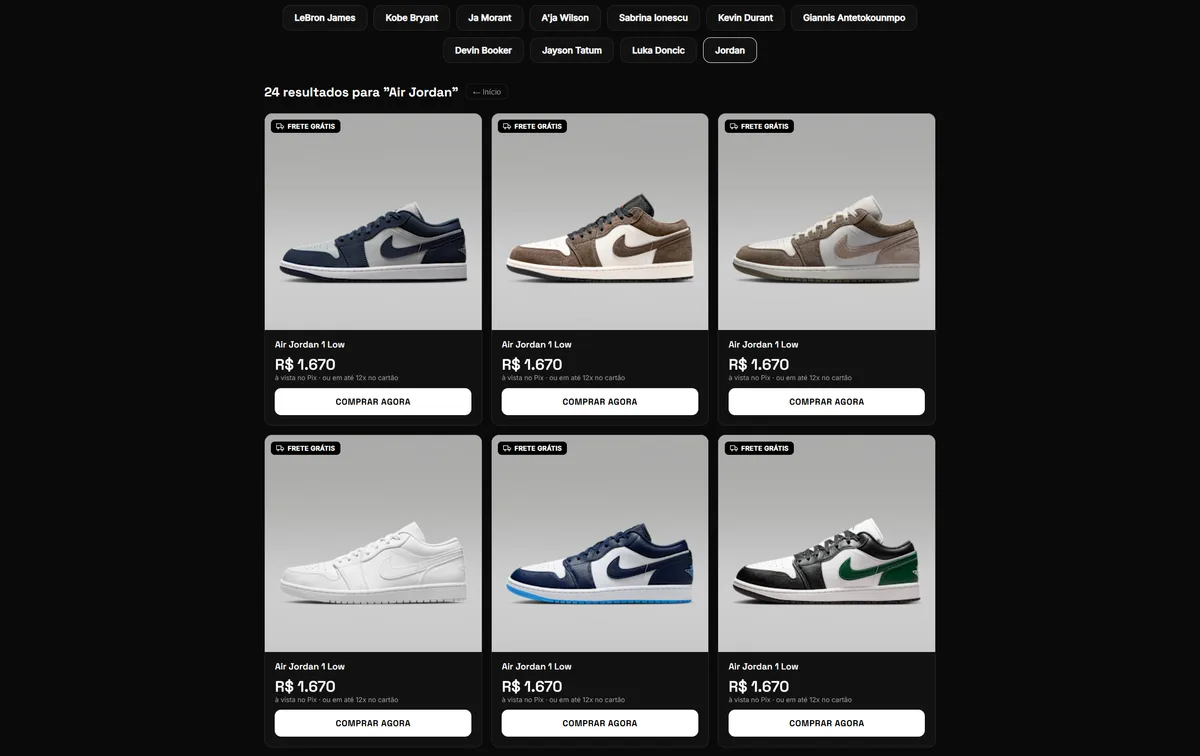 Resultado de busca por Air Jordan, com filtros por atleta e preço já convertido em reais
